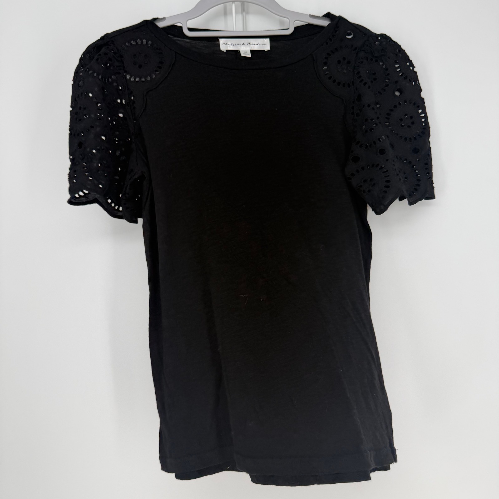 Chelsea & Theodore Top Womens Small Black Eyelet Flutter Sleeve Boho Cottagecore